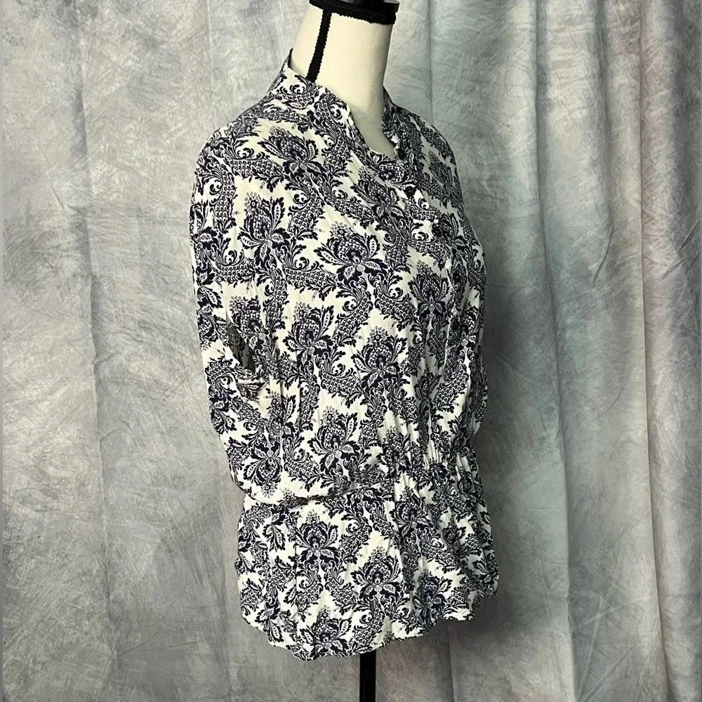 Bench Dolman Sleeve Elastic Waist Peplum Blue & White Toile Blouse - Medium - Picture 2 of 7